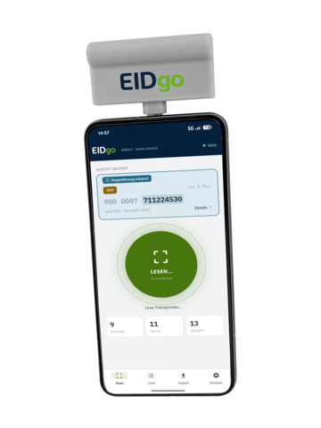 EIDgo Produktfoto mit Logo an Smartphone mit EIDgo-App hochkant